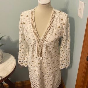 White and gold floral shift dress. Beading size M